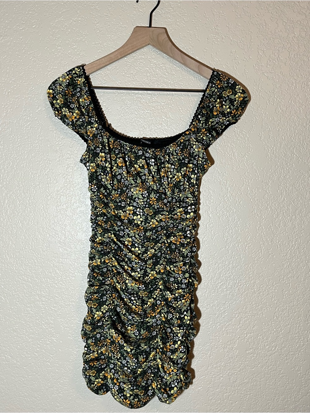 Forever 21 Green Floral Ruched Mini Dress with Yellow Accents